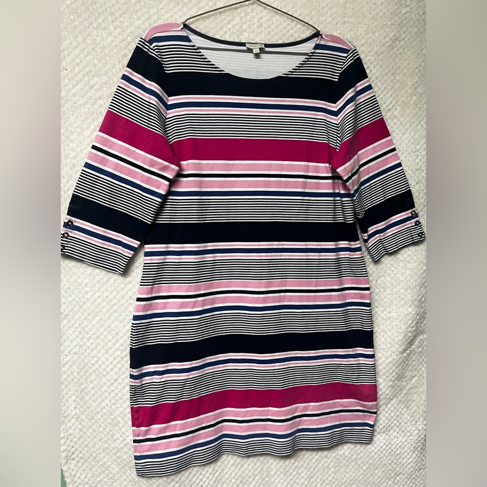 Talbots Womens Shift Dress 100% Cotton Nautical Striped Round Neck Casual Large